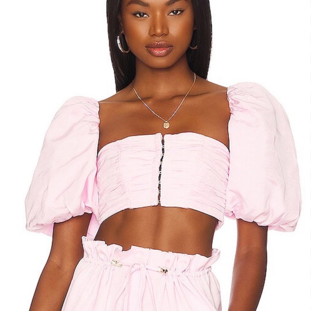 NBD Pink Puff Sleeve Crop Blouse